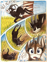 Size: 1064x1380 | Tagged: safe, artist:thefriendlyelephant, oc, oc only, oc:sabe, oc:uganda, antelope, giant sable antelope, comic:sable story, acacia tree, africa, animal in mlp form, cloven hooves, comic, dust, fwump, horns, savanna, speed lines, thud, traditional art, trip, tumbling