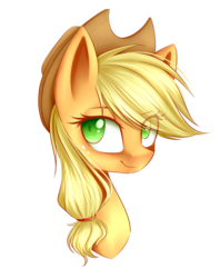 Size: 1600x2019 | Tagged: safe, artist:snowbunny0820, applejack, earth pony, pony, g4, bust, colored pupils, eye clipping through hair, female, lidded eyes, portrait, simple background, smiling, solo, transparent background