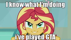 Size: 960x546 | Tagged: safe, edit, edited screencap, screencap, sunset shimmer, driving miss shimmer, driving miss shimmer: fluttershy, equestria girls, g4, my little pony equestria girls: better together, female, grand theft auto, image macro, meme, solo, this will end in tears, this will end in tears and/or death