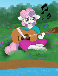 Size: 2550x3300 | Tagged: safe, artist:skyflys, sweetie belle, anthro, plantigrade anthro, g4, bad guitar anatomy, clothes, cute, feet, guitar, high res, musical instrument, singing, smiling