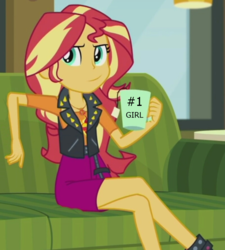 Size: 800x890 | Tagged: safe, edit, edited screencap, screencap, sunset shimmer, equestria girls, g4, my little pony equestria girls: better together, text support, text support: sunset shimmer, boots, chair, clothes, couch, crossed legs, drink, female, food, geode of empathy, jewelry, legs, light, magical geodes, mug, necklace, pendant, shoes, sitting, skirt, smiling, smirk, smug, smugset shimmer, solo, tea, text, vest