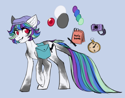 Size: 3000x2356 | Tagged: safe, artist:helemaranth, oc, oc only, oc:yasuho, earth pony, pony, rcf community, beanie, blue background, earth pony oc, female, grin, hat, high res, leonine tail, mare, reference sheet, saddle bag, simple background, smiling, solo