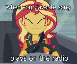 Size: 875x733 | Tagged: safe, edit, edited screencap, screencap, sunset shimmer, driving miss shimmer, driving miss shimmer: fluttershy, equestria girls, g4, my little pony equestria girls: better together, car, cutie mark, cutie mark on clothes, driving, female, geode of empathy, image macro, jewelry, magical geodes, meme, necklace, pendant, seatbelt, solo, steering wheel, text, text edit