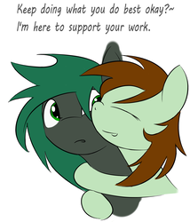 Size: 2643x3090 | Tagged: safe, artist:lofis, oc, oc only, oc:mint chocolate, oc:minus, earth pony, pony, colored, dialogue, female, high res, hug, male, positive message, simple background, white background