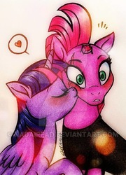 Size: 400x557 | Tagged: safe, artist:nadairead, fizzlepop berrytwist, tempest shadow, twilight sparkle, alicorn, pony, unicorn, g4, my little pony: the movie, blushing, broken horn, cheek kiss, clothes, duo, eye scar, eyes closed, female, heart, horn, kissing, lesbian, mare, scar, ship:tempestlight, shipping, surprise kiss, twilight sparkle (alicorn), watermark