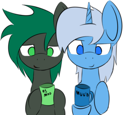 Size: 2365x2204 | Tagged: safe, artist:lofis, color edit, edit, editor:minus, oc, oc only, oc:algorithm, oc:minus, earth pony, pony, unicorn, colored, gift giving, high res, male, mug, simple background, transparent background