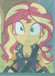 Size: 670x920 | Tagged: safe, screencap, sunset shimmer, driving miss shimmer, equestria girls, equestria girls series, g4, :|, car, clothes, confused, cropped, cutie mark on clothes, driver seat, driving miss shimmer: applejack, female, geode of empathy, jewelry, leather, leather vest, magical geodes, necklace, seatbelt, shoulderless shirt, solo, spikes, vest