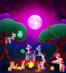 Size: 2000x2200 | Tagged: safe, artist:xiobomb, apple bloom, applejack, fluttershy, pinkie pie, rainbow dash, rarity, scootaloo, spike, starlight glimmer, sweetie belle, trixie, twilight sparkle, alicorn, dragon, earth pony, pegasus, pony, unicorn, g4, campfire, camping, cutie mark, food, forest, high res, kite, marshmallow, moon, night, twilight sparkle (alicorn)