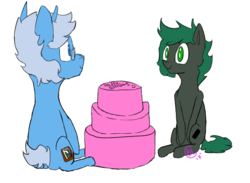 Size: 779x571 | Tagged: artist needed, safe, oc, oc only, oc:algorithm, oc:minus, earth pony, pony, unicorn, birthday, birthday cake, cake, colored, food, glasses, male, simple background, white background