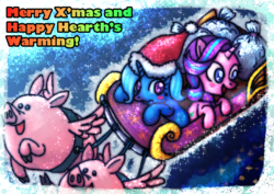 Size: 1280x905 | Tagged: safe, artist:remyroez, starlight glimmer, trixie, pig, pony, unicorn, g4, christmas, clothes, duo, hat, holiday, santa hat, scarf, sleigh