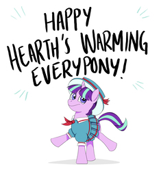 Size: 2592x2763 | Tagged: safe, artist:theboxduchess, snowfall frost, starlight glimmer, pony, unicorn, g4, christmas, clothes, cute, female, filly, filly starlight glimmer, hat, hearth's warming, high res, holiday, pleated skirt, skirt, skirt lift, smiling, solo, younger