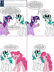 Size: 1204x1604 | Tagged: safe, artist:dekomaru, pinkie pie, twilight sparkle, oc, oc:dazzle, earth pony, pony, tumblr:ask twixie, g4, ask, canon x oc, comic, male, stallion, sunglasses, tumblr