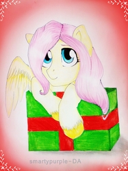 Size: 1161x1550 | Tagged: safe, artist:smartypurple, fluttershy, pegasus, pony, g4, box, bust, female, flutterbox, leaning, looking up, one wing out, pony in a box, present, solo, traditional art, unshorn fetlocks