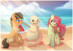 Size: 4093x2894 | Tagged: safe, artist:elskafox, oc, oc only, oc:artline, oc:solar bronze, australia, beach, christmas, holiday, sand sculpture, snowman, summer