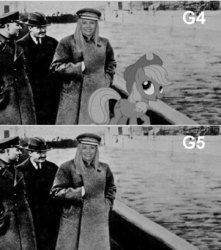 Size: 750x850 | Tagged: safe, edit, applejack, g4, 12/16/17, drama, g5 applejack drama, g5 drama, josef stalin, meghan mccarthy, monochrome, parody, soviet censorship, soviet union, yezhov photo