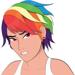 Size: 977x985 | Tagged: safe, artist:totallynotabronyfim, rainbow dash, human, g4, clothes, ear piercing, earring, female, humanized, jewelry, piercing, smiling, solo, tank top