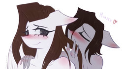 Size: 1211x684 | Tagged: safe, artist:taleriko, oc, oc only, oc:lane dark, oc:taleriko, anthro, rcf community, anthro oc, blushing, cute, eyes closed, female, heart, lesbian, mane, mare, russian, shipping, simple background, smiling, sniffing, white background