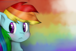 Size: 1038x695 | Tagged: safe, artist:smartypurple, rainbow dash, pegasus, pony, g4, abstract background, bust, female, looking away, looking sideways, portrait, solo