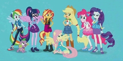 Size: 1076x532 | Tagged: safe, applejack, fluttershy, pinkie pie, rainbow dash, rarity, sci-twi, sunset shimmer, twilight sparkle, equestria girls, g4, my little pony equestria girls: better together, converse, humane five, humane seven, humane six, ponied up, shoes, sneakers