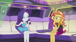 Size: 1920x1080 | Tagged: safe, screencap, rarity, sunset shimmer, driving miss shimmer, equestria girls, equestria girls series, g4, ^^, armpits, belt, bracelet, clothes, confused, dancing, driving miss shimmer: rarity, eyebrows, eyes closed, eyeshadow, fist pump, frilly design, geode of empathy, geode of shielding, jewelry, leather, leather vest, legs, limousine, magical geodes, makeup, necklace, notebook, pencil skirt, pendant, raised eyebrow, rarity peplum dress, shoulderless shirt, skirt, sleeveless, spikes, spotlight, tank top, vest