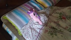 Size: 4128x2322 | Tagged: safe, artist:bender-drede, derpibooru exclusive, sugar belle, pony, unicorn, g4, bed, bedroom, irl, lying on bed, photo, pillow, plushie, quilt