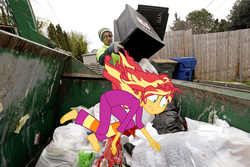 Size: 900x600 | Tagged: safe, edit, sunset shimmer, human, equestria girls, g4, monday blues, my little pony equestria girls: summertime shorts, barefoot, downvote bait, feet, into the trash it goes, irl, op is a duck, op is trying to start shit, photo, sunset shimmer's trash can, trash, your waifu is trash