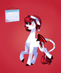 Size: 3705x4441 | Tagged: safe, artist:dazeyruch, oc, oc only, oc:dazey ruch, bat pony, pony, absurd resolution, calendar, female, mare, red background, simple background, solo