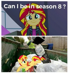 Size: 1270x1357 | Tagged: safe, sunset shimmer, pony, unicorn, equestria girls, g4, :t, abuse, anatomically incorrect, female, frown, incorrect leg anatomy, into the trash it goes, looking back, mare, op is a duck, op is trying to start shit, prone, shimmerbuse, smiling, sunset shimmer's trash can, trash