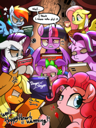 Size: 2100x2800 | Tagged: safe, artist:renokim, applejack, discord, fluttershy, pinkie pie, rainbow dash, rarity, spike, starlight glimmer, twilight sparkle, alicorn, dragon, earth pony, pegasus, pony, unicorn, g4, angry, book, cross-popping veins, cup, dialogue, equal sign, equality, eye twitch, female, floppy ears, funny, glare, hearth's warming eve, high res, implied discord, it, looking at you, mane seven, mane six, mare, one of these things is not like the others, prank, question mark, speech bubble, teacup, twilight sparkle (alicorn), unamused
