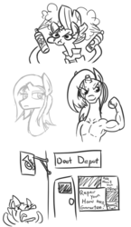 Size: 746x1284 | Tagged: safe, artist:jargon scott, tempest shadow, unicorn, anthro, g4, my little pony: the movie, armpits, broken horn, bust, doot, eye scar, female, flexing, grayscale, hairspray, horn, monochrome, muscles, musical instrument, pun, scar, sign, simple background, solo, trumpet, white background