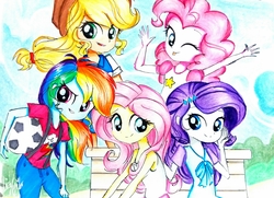 Size: 2932x2117 | Tagged: safe, artist:liaaqila, applejack, fluttershy, pinkie pie, rainbow dash, rarity, equestria girls, g4, my little pony equestria girls, clothes, female, freshman, freshman fair, group photo, high res, humane five, looking at you, smiling, traditional art, younger