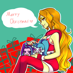 Size: 1000x1000 | Tagged: safe, artist:raika0306, adagio dazzle, aria blaze, sonata dusk, equestria girls, g4, blush sticker, blushing, chibi, christmas, clothes, costume, dialogue, hearth's warming, holiday, looking at you, open mouth, present, santa costume, speech bubble, the dazzlings