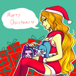 Size: 1000x1000 | Tagged: safe, artist:raika0306, adagio dazzle, aria blaze, sonata dusk, equestria girls, g4, blush sticker, blushing, chibi, christmas, clothes, costume, cute, dialogue, hat, hearth's warming, holiday, looking at you, open mouth, santa costume, sitting, speech bubble, the dazzlings