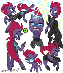 Size: 480x550 | Tagged: safe, artist:creeate97, fizzlepop berrytwist, tempest shadow, pony, unicorn, g4, my little pony: the movie, armor, broken horn, eye scar, female, filly, filly tempest shadow, horn, lightning, magic, mare, obsidian orb, petrification, scar, simple background, sparking horn, white background, younger