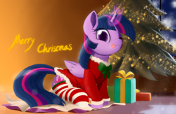 Size: 3000x1958 | Tagged: safe, artist:j24262756, twilight sparkle, alicorn, pony, g4, :p, bowtie, christmas, christmas tree, clothes, cute, dress, female, glowing horn, hearth's warming, holiday, horn, looking at you, magic, mare, one eye closed, present, silly, sitting, smiling, socks, solo, striped socks, tongue out, tree, twiabetes, twilight sparkle (alicorn), window, wink