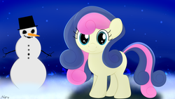 Size: 3840x2160 | Tagged: safe, artist:startledflowerpony, bon bon, sweetie drops, earth pony, pony, g4, adorabon, cute, female, high res, looking at you, mare, smiling, snowman, solo