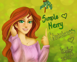 Size: 1280x1024 | Tagged: safe, artist:comsing8, sunset shimmer, human, g4, clothes, humanized, looking at you, mistletoe, smiling