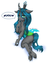 Size: 654x855 | Tagged: safe, artist:divided-s, queen chrysalis, changeling, changeling queen, semi-anthro, g4, bedroom eyes, bugbutt, butt, chrysalass, crown, cute, cute little fangs, dialogue, fangs, female, floppy ears, japanese, jewelry, looking at you, looking back, looking back at you, open mouth, plot, regalia, simple background, solo, speech bubble, underhoof, white background