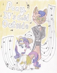 Size: 2367x3010 | Tagged: safe, artist:reptilian-angel, capper dapperpaws, rarity, abyssinian, cat, pony, anthro, digitigrade anthro, g4, my little pony: the movie, abstract background, anthro with ponies, baby it's cold outside (song), capperity, clothes, female, high res, male, music, music notes, shipping, straight, traditional art, tuxedo