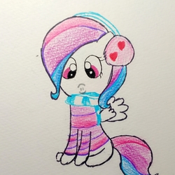Size: 1280x1278 | Tagged: safe, artist:sumi-mlp25, oc, oc only, oc:strawberry breeze, pegasus, pony, clothes, earmuffs, female, looking at you, scarf, smiling, solo, striped sweater, sweater, traditional art
