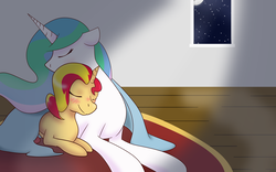 Size: 3360x2100 | Tagged: safe, artist:lightgraphicsmod, princess celestia, sunset shimmer, alicorn, pony, unicorn, g4, blanket, female, high res, lesbian, shipping, sunsestia, the prodigal sunset