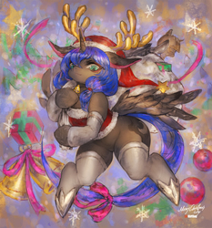 Size: 1025x1100 | Tagged: safe, artist:girlsay, princess luna, alicorn, pony, g4, antlers, christmas, clothes, cute, female, hat, holiday, looking at you, lunabetes, mare, patreon, patreon logo, reindeer antlers, santa hat, smiling, solo, stockings, thigh highs