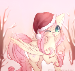 Size: 900x852 | Tagged: safe, artist:chimeeri, fluttershy, pegasus, pony, g4, christmas, cute, ear fluff, female, hat, holiday, mare, one eye closed, santa hat, shyabetes, smiling, solo, tongue out, wink