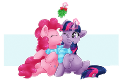 Size: 3000x2000 | Tagged: safe, artist:ruushiicz, pinkie pie, twilight sparkle, earth pony, pony, unicorn, g4, cheek kiss, clothes, duo, eyes closed, female, high res, kissing, lesbian, mare, mistletoe, scarf, shared clothing, ship:twinkie, shipping, smiling, unicorn twilight