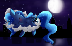 Size: 1333x860 | Tagged: safe, artist:brok-enwings, princess luna, alicorn, pony, g4, blushing, city, cloud, female, moon, night, sleeping, solo