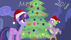 Size: 1280x720 | Tagged: safe, artist:jbond, spike, twilight sparkle, alicorn, dragon, pony, g4, christmas, christmas tree, duo, female, hat, holiday, male, mare, merry christmas, postcard, santa hat, text, tree, twilight sparkle (alicorn)