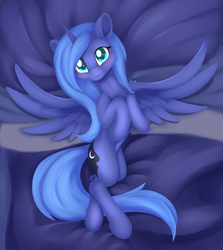 Size: 1964x2205 | Tagged: safe, artist:dusthiel, princess luna, alicorn, pony, g4, female, looking at you, lying down, mare, on back, s1 luna, smiling, solo, spread wings, wings