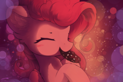 Size: 3000x2000 | Tagged: safe, artist:freeedon, pinkie pie, earth pony, pony, g4, bust, cookie, cute, diapinkes, ear fluff, eating, eyes closed, female, food, happy, high res, mare, mouth hold, solo