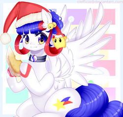 Size: 1000x946 | Tagged: safe, artist:clefficia, oc, oc only, oc:isakiss staream, pegasus, pony, christmas, female, hat, holiday, mare, santa hat, smiling, solo