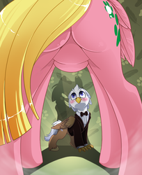 Size: 3058x3740 | Tagged: safe, alternate version, artist:arctic-fox, oc, oc only, oc:silver quill, oc:sweetie bloom, classical hippogriff, hippogriff, pegasus, pony, blushing, butt, buttcheeks, clothes, featureless crotch, framed by legs, high res, plot, rear view, shadow, tuxedo
